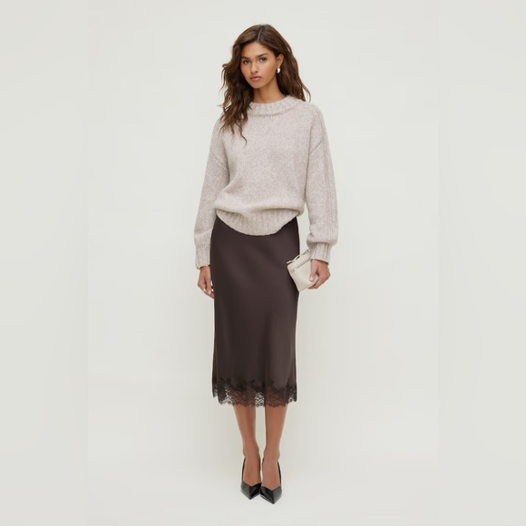 Dynamite Brown Satin Lace Trim Midi Skirt XXS NWT - Picture 3 of 6